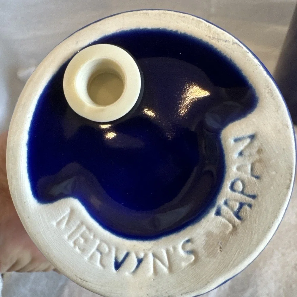 Vtg Cobalt Blue Ceramic Cylinder Salt & Pepper Shakers Mervyns Japan 4